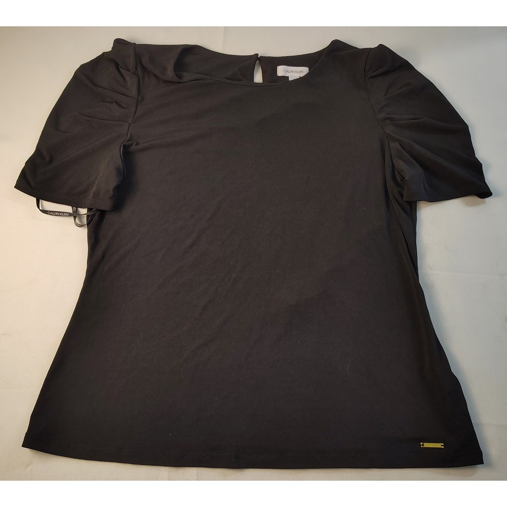 Calvin Klein Womens Black Puff Short Sleeve Crew Neck Blouse Top Size L RN54163